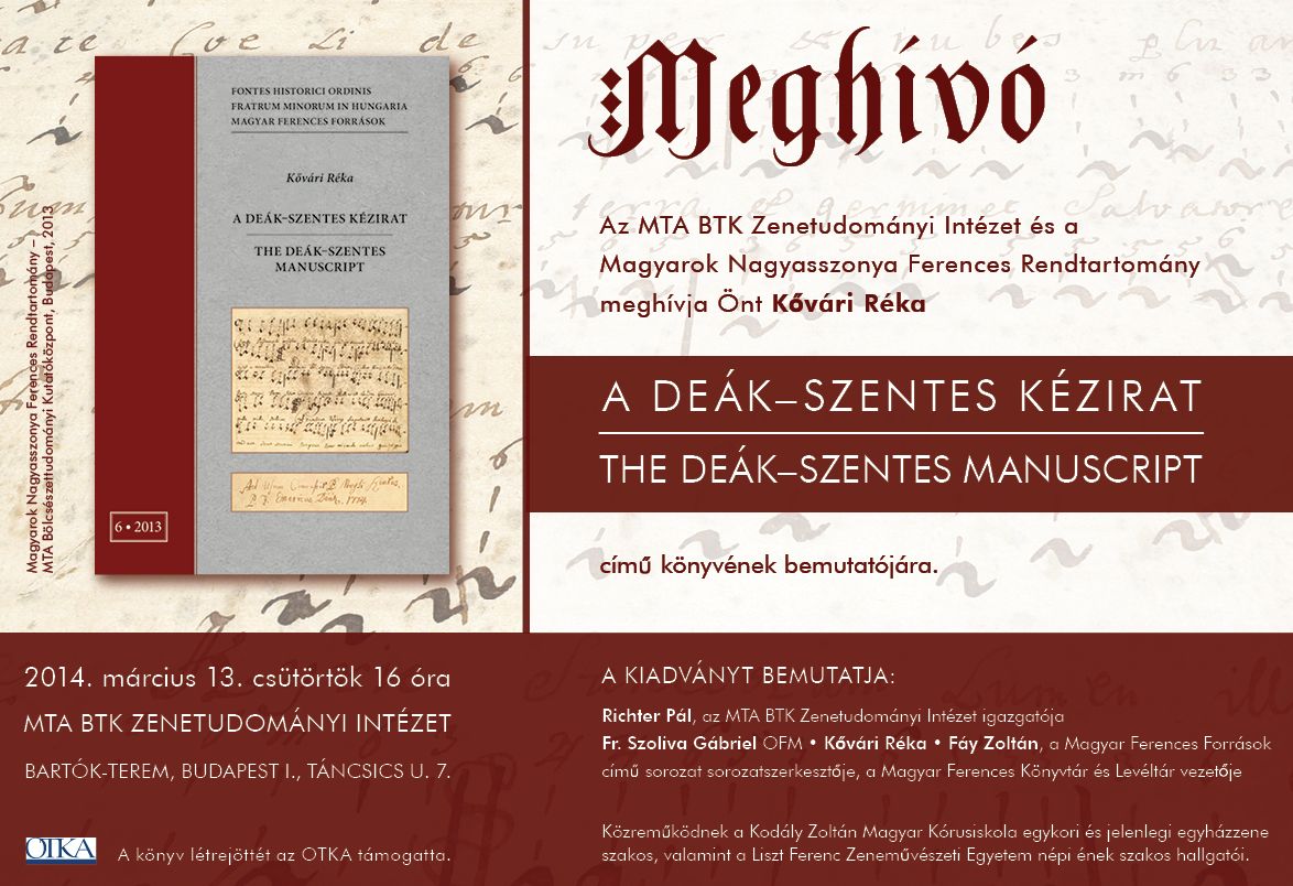 A Deák–Szentes kézirat-közreadás bemutatója a Zenetudományi Intézetben