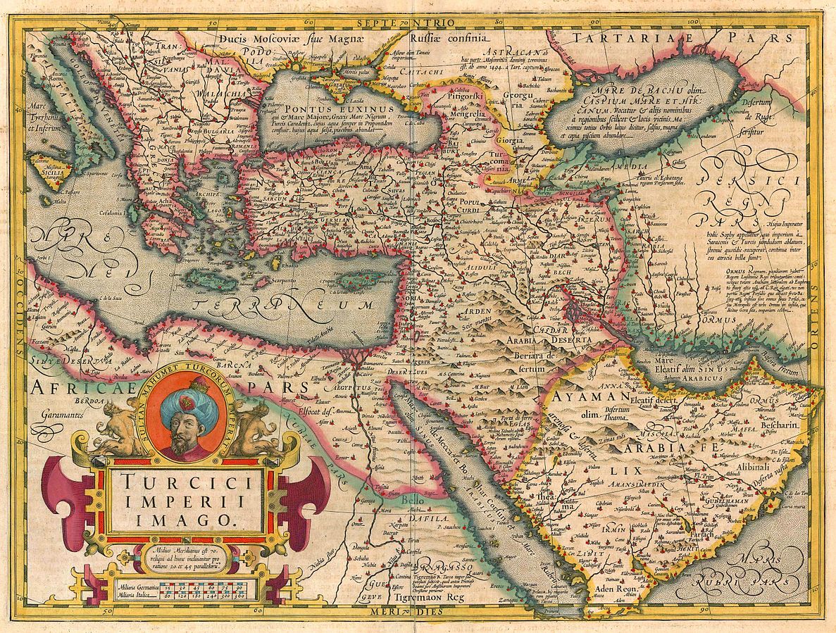 Antique map of the Ottoman Empire by J. Hondius cartouche with portrait medallion of Sultan Mahumet